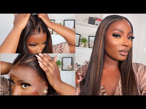 13x6 Highlight Braun Glatt 14-20 Zoll Unsichtbare, kleberlose Lace Front Perücke - NCT001