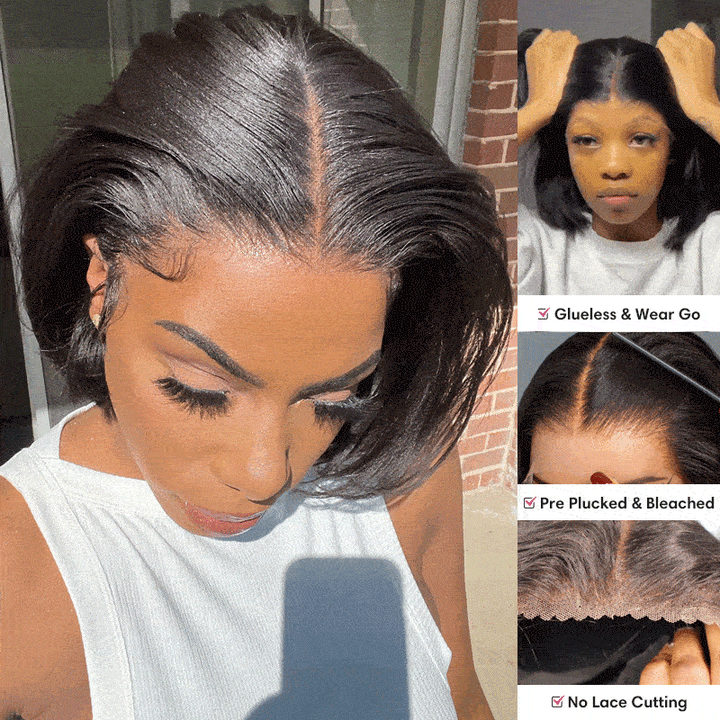 13x6 Yaki Kurzhaar Bob Unsichtbare, kleberlose Lace Front Perücke - NCB002