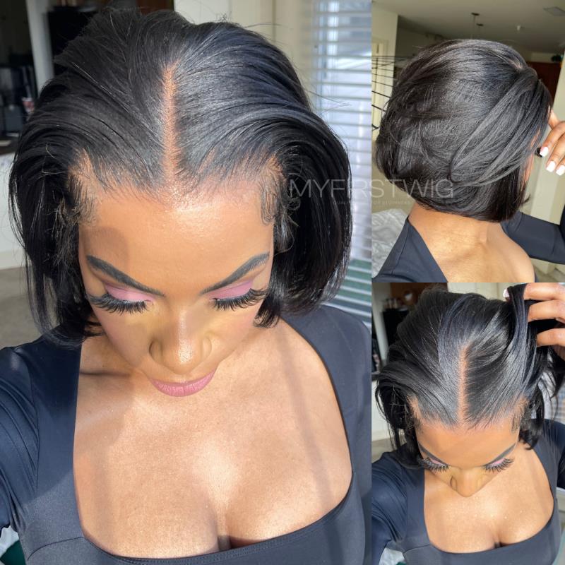 13x6 Yaki Kurzhaar Bob Unsichtbare, kleberlose Lace Front Perücke - NCB002