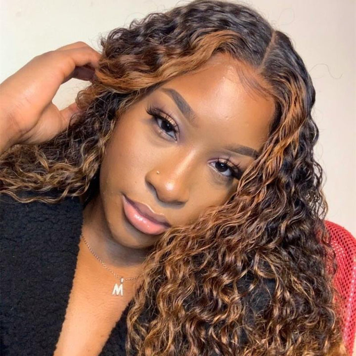 13x6 Deep Wave Curly Wig Highlight Brown Undetectable Lace Glueless Lace Wig - NCC006