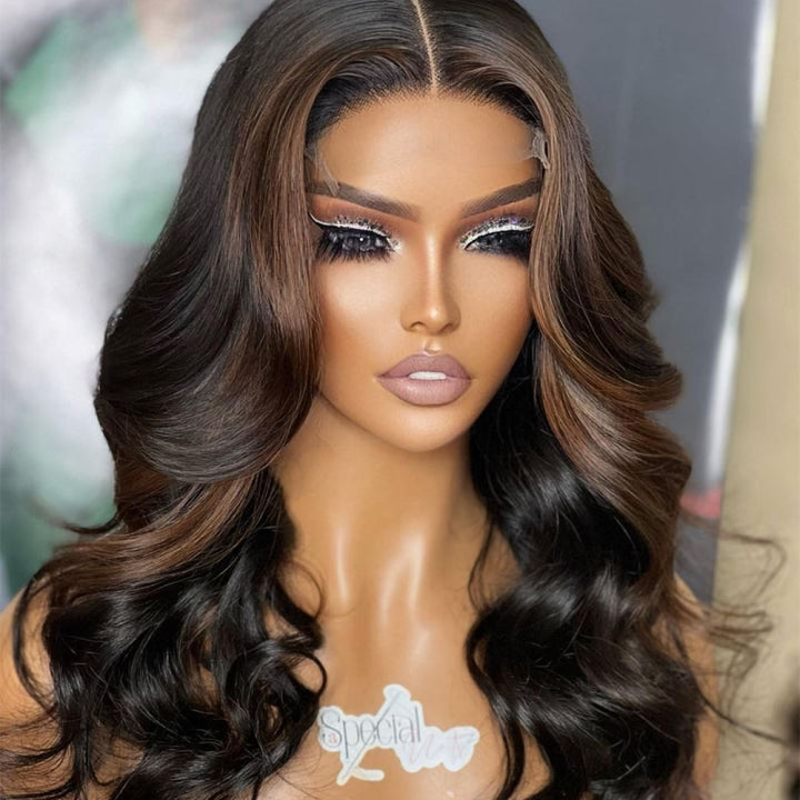 13x6 Highlight Brown Wavy Wig 14-20 Inch Undetectable Lace Glueless Lace Wig - NCW006