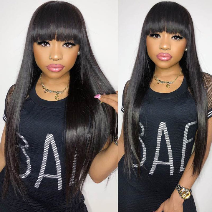 13x6 Long Straight 14-20 Inch Glueless Wig With Bangs Fringe - NCS014