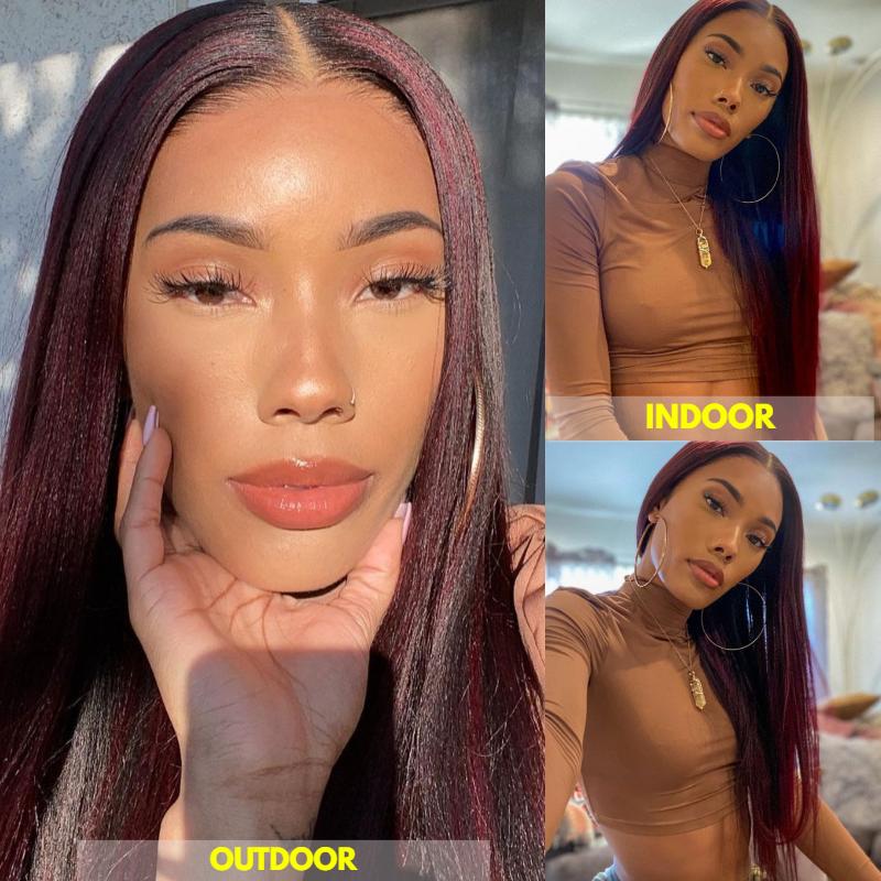 13x6 Middle Part Burgundy Straight Wig 14-20 Inch Undetectable Lace Glueless Lace Wig - NCT006