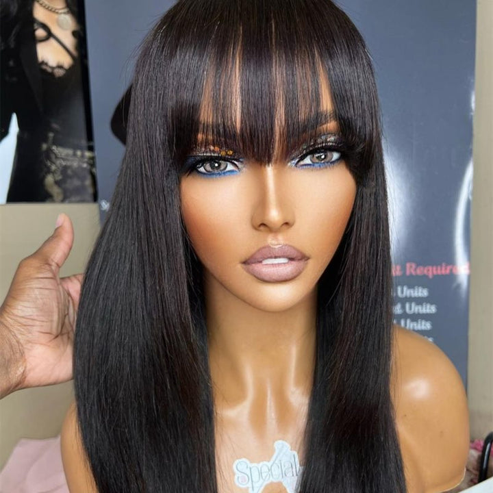 13x6 Straight Long Bob With Bangs Undetectable Lace Glueless Lace Wig - NCB012